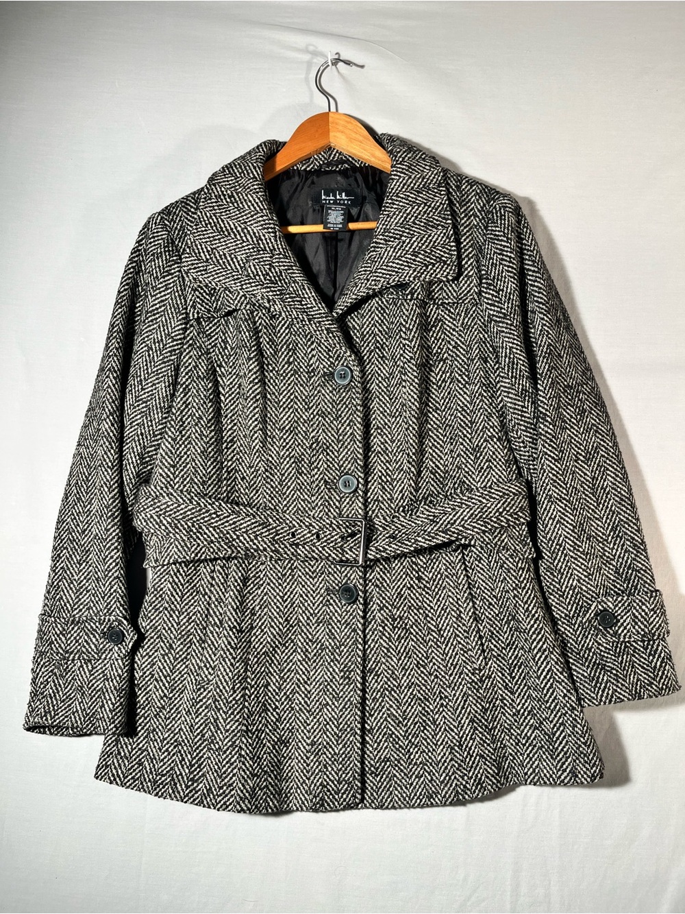 Nicole Miller Black & White Herringbone Belted Pea Coat - Size XL